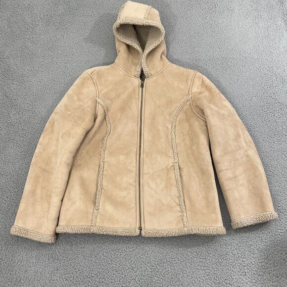 LL Bean Sherpa Lined Hooded Jacket Women L Beige Faux Suede Full Zip - Picture 1 of 8